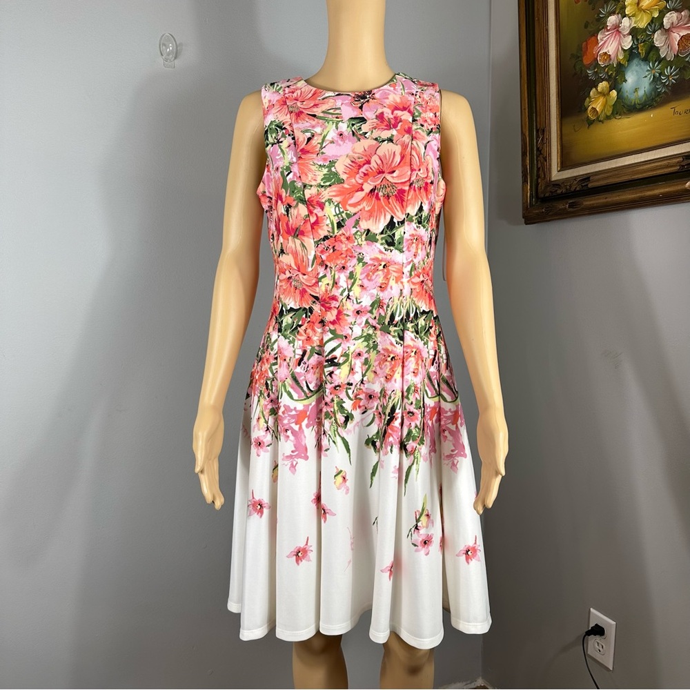 Danny & Nicole Retro Pink/Green Floral Fit & Flare Pleated Dress Size 6